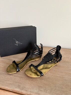 Giuseppe Zanotti Black Strappy Sandals with Gold Footbed